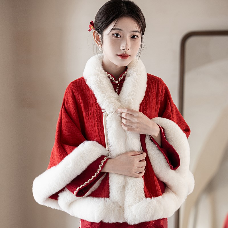 红色旗袍披肩秋冬季敬酒服婚礼新娘结婚加绒加厚保暖斗篷外套披风