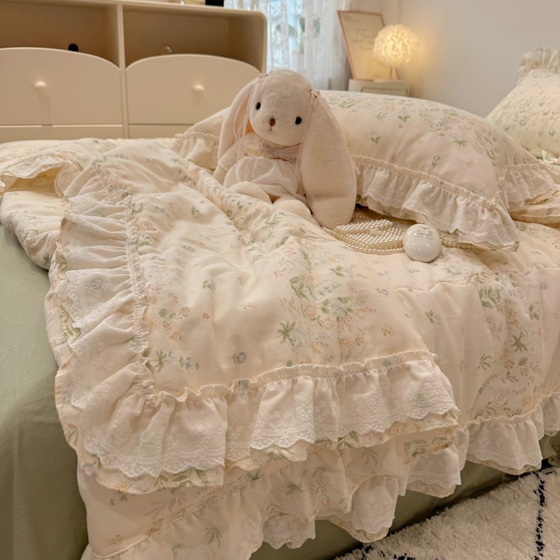 仙女款荷叶边全棉夏被四件套可机洗纯棉空调被单双人亲肤夏凉薄被