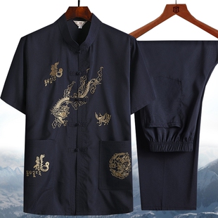 衬衫 唐装 套装 老人短袖 晨练汉服 男爸爸中老年人中国风爷爷2021夏季