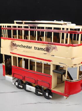 橱仿真轨道双层巴851士车模型铁艺复古旧酒咖啡厅吧窗怀柜装饰品