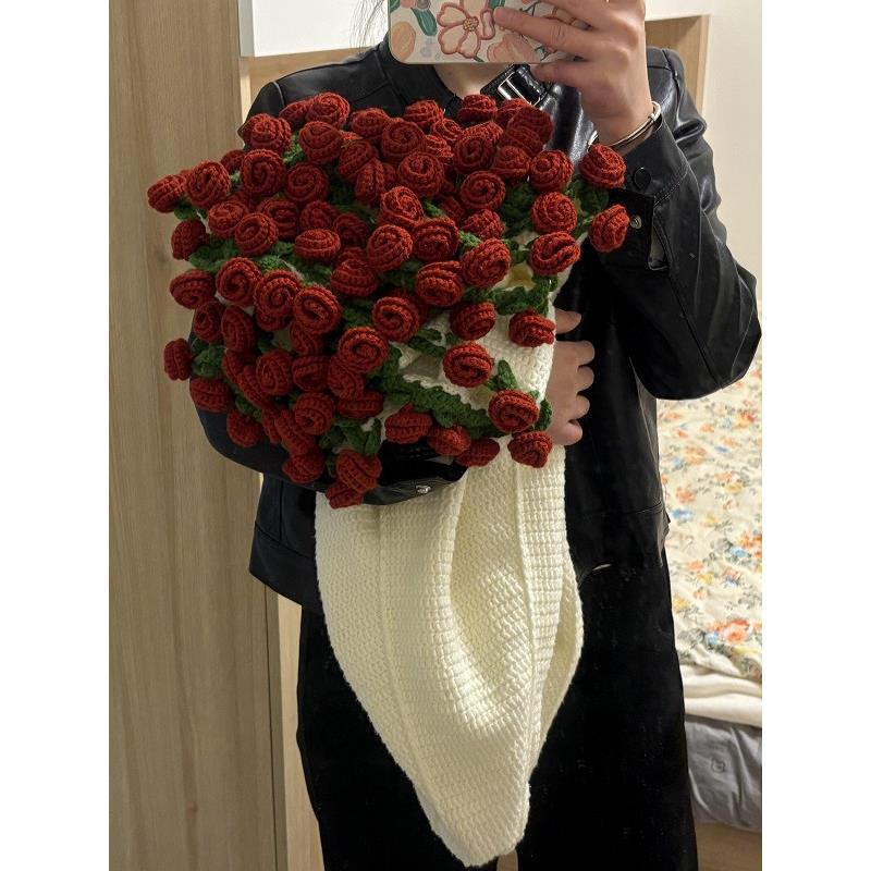 玫瑰花束子手工diy毛线材毯料花包钩织毯子变束创意礼自OOL制物花
