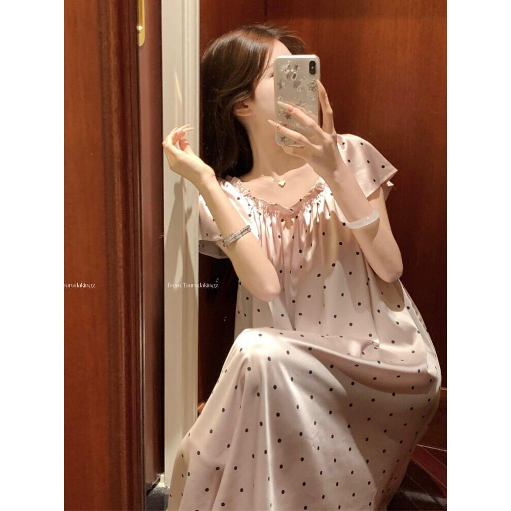 草莓啵啵~冰丝睡裙女夏季甜美波点蕾丝短袖连衣裙家居服睡衣裙子