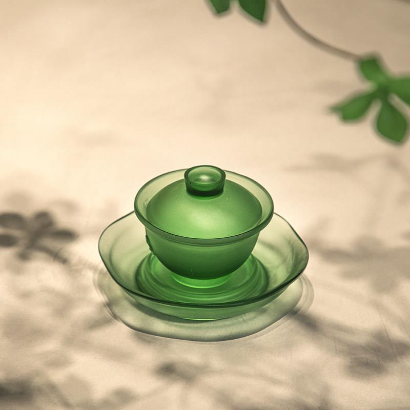 帝王绿古法琉璃中式茶杯品茗杯三才盖碗功夫茶具青色茶荷茶道摆件