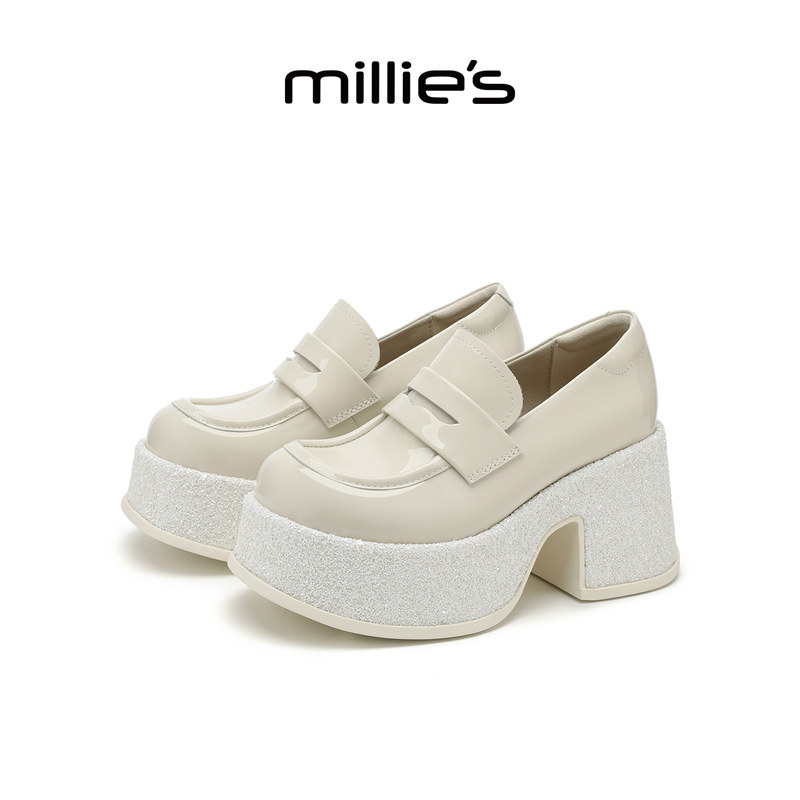 MILLIE'S/妙丽厚底乐福鞋女2026新款春季粗跟一脚蹬小皮鞋单鞋子