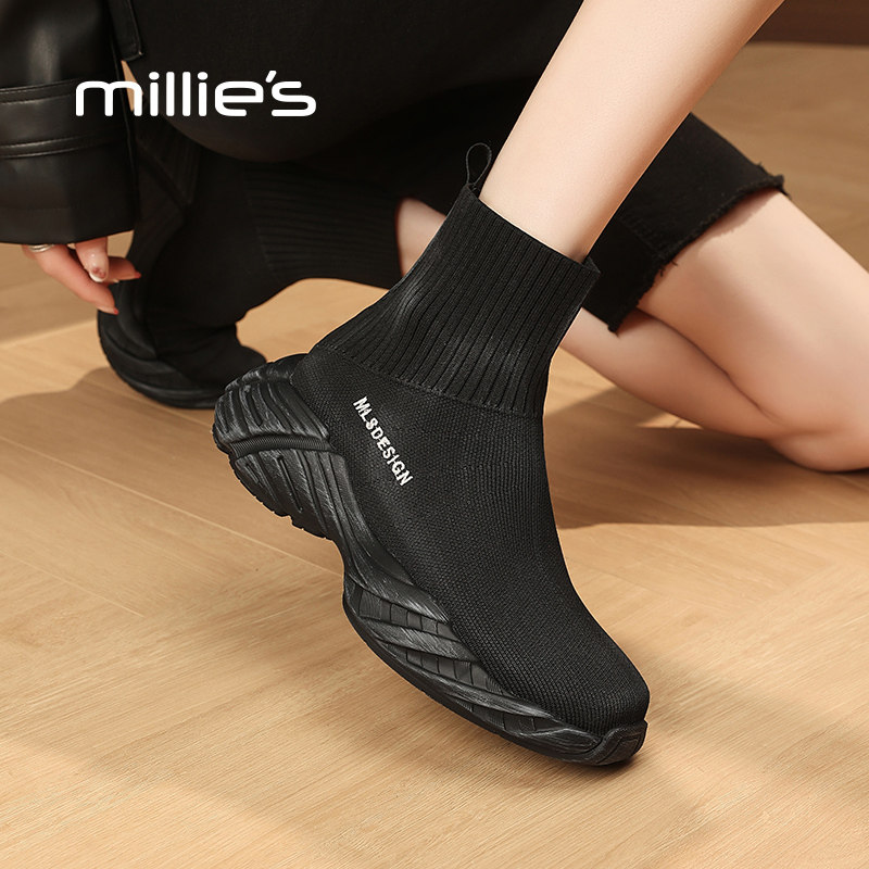 MILLIE'S/妙丽袜靴女2025新款黑色弹力短靴时尚百搭休闲瘦瘦靴YU