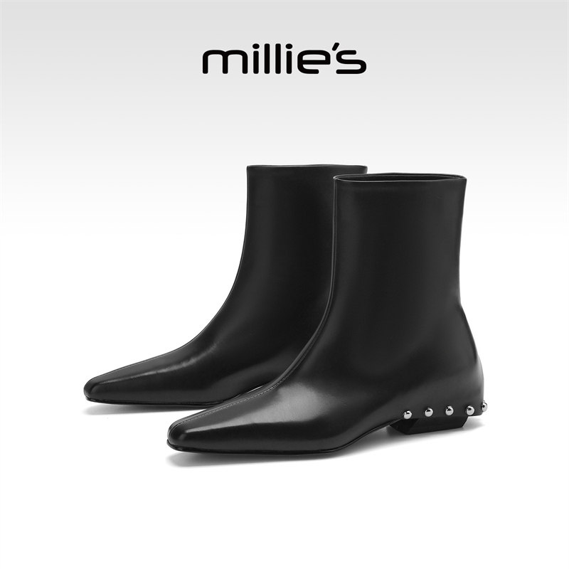 MILLIE'S/妙丽铆钉英伦皮靴2026爆款小众切尔西女靴时装休闲短靴