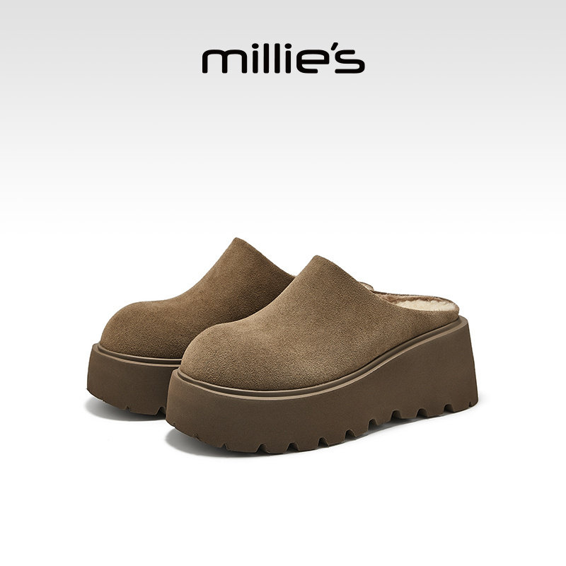 MILLIE'S/妙丽勃肯鞋女外穿厚底包头棉拖鞋冬季加绒保暖懒人鞋子