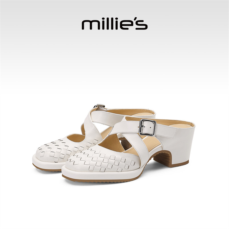 MILLIE'S/妙丽编织包头拖鞋女夏季外穿2026新款一字拖粗跟凉拖鞋