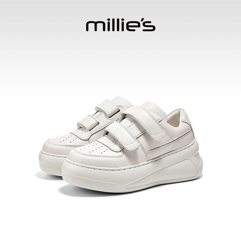 MILLIE'S/妙丽魔术贴厚底板鞋女款2026新款秋冬加绒小白鞋休闲鞋