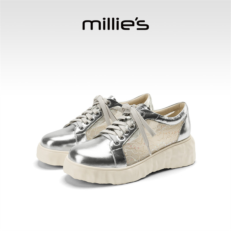 MILLIE'S/妙丽厚底银色休闲鞋女网纱透气女鞋通勤百搭板鞋不累脚