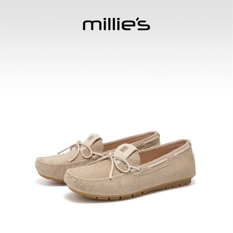MILLIE'S/妙丽真皮浅口乐福鞋女老钱风通勤软底一脚蹬单鞋豆豆鞋