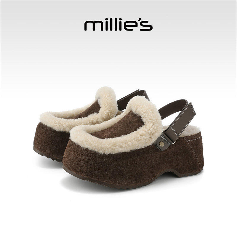 MILLIE'S/妙丽半包勃肯鞋女冬季加绒厚底包头棉拖鞋外穿毛毛鞋子