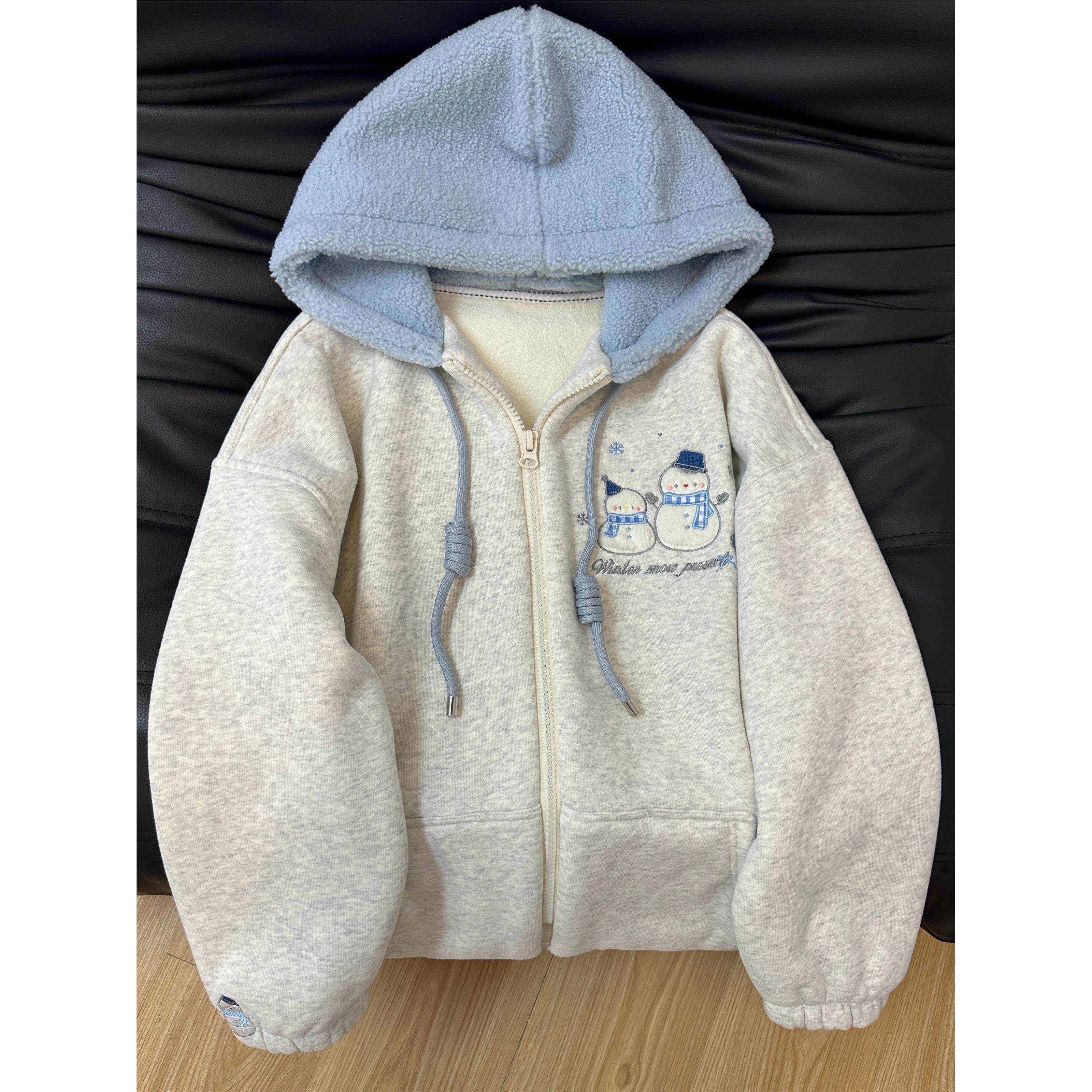 超厚羔羔绒雪人刺绣加绒加厚连帽拉链开衫卫衣外套女宽松休闲减龄