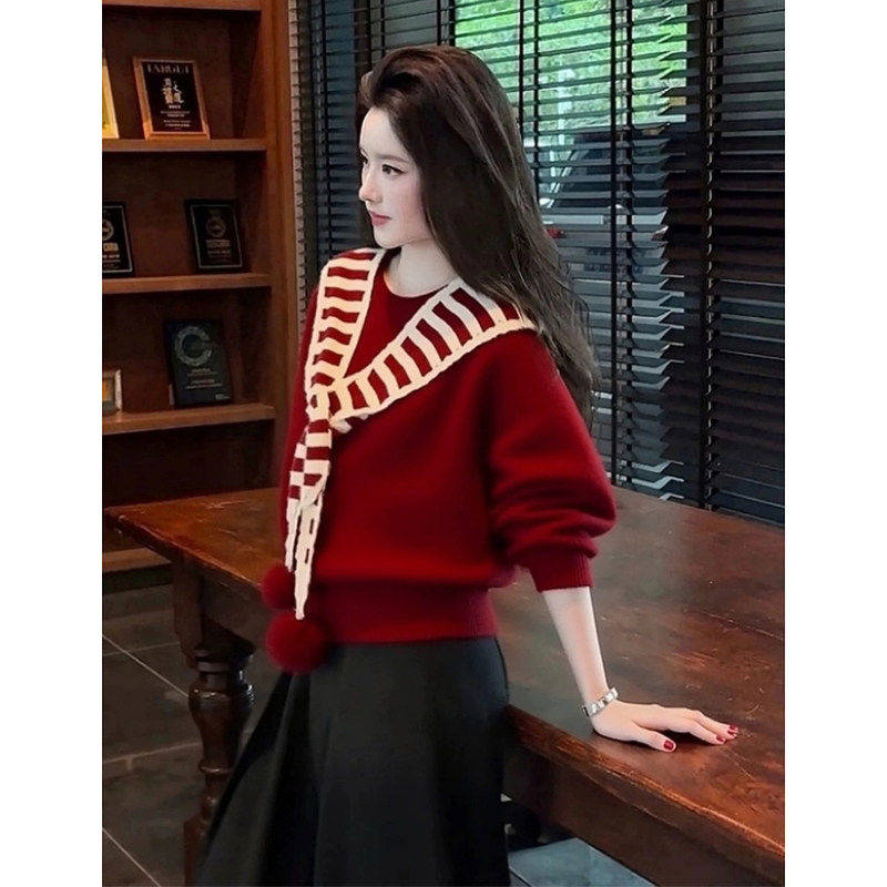 新年本命年法式高级感女装秋冬款红色条纹披肩针织毛衣内搭可外穿