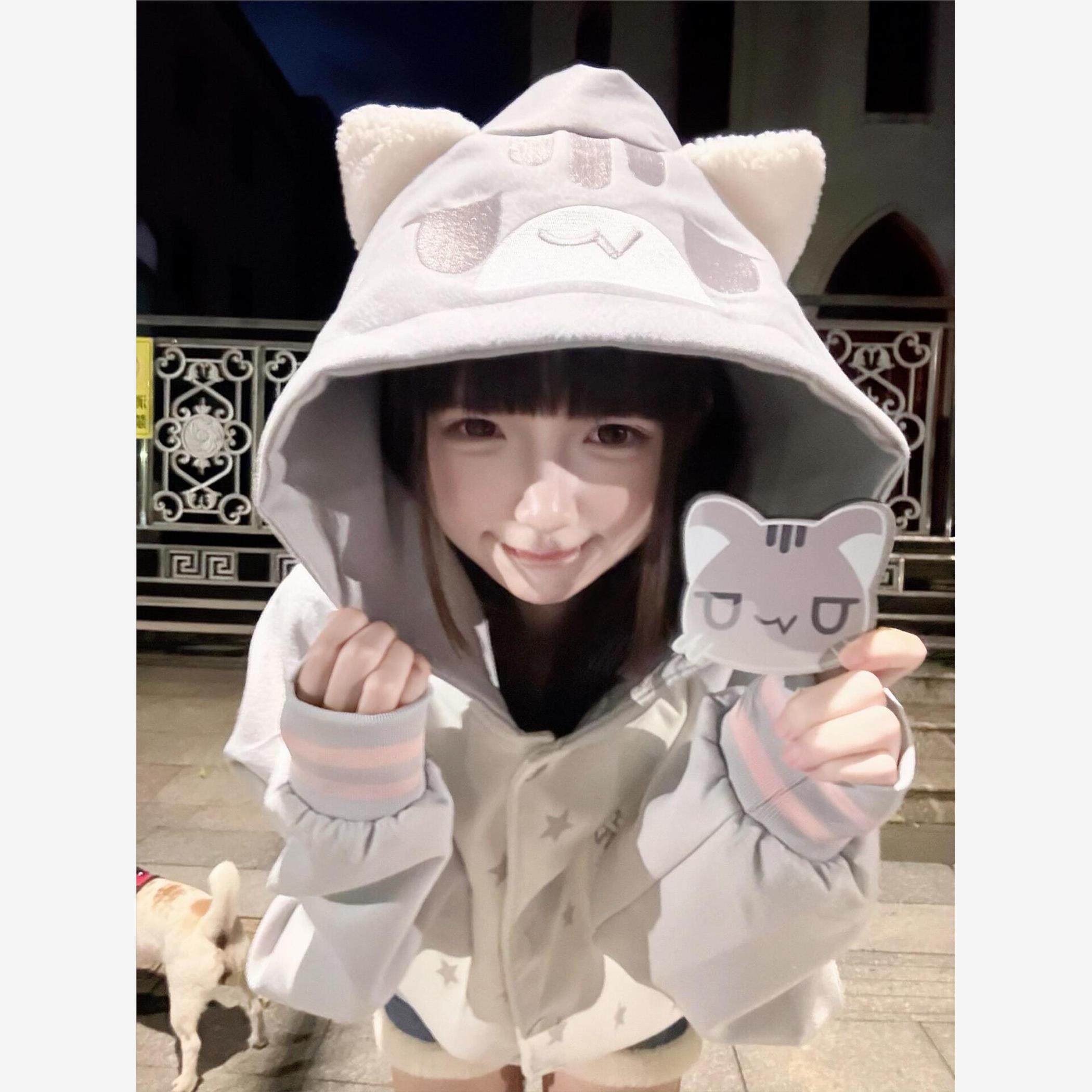 可爱卡通猫咪耳朵连帽卫衣女秋冬加绒宽松学院风开衫拉链夹克外套