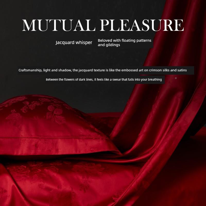 Slfo 100S长绒棉红色婚礼四床件套床上用品单GFU被套婚礼u套装