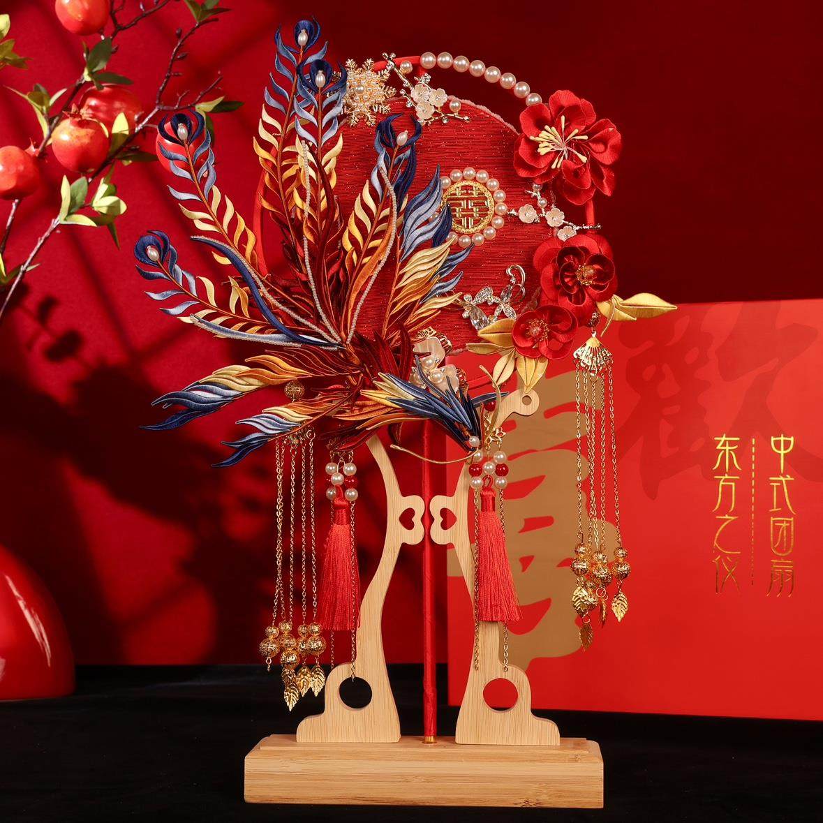 花团扇凤凰重工手工idy缠新娘婚礼双面高级成品感闺UIZ蜜结婚礼物