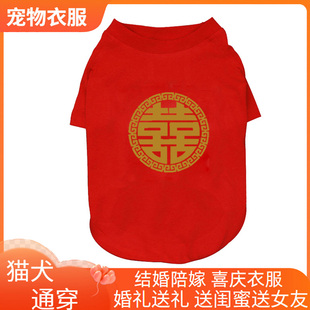 陪嫁宠物猫咪衣服T恤春夏穿喜庆结婚狗狗衣服纯棉大红色正红喜字