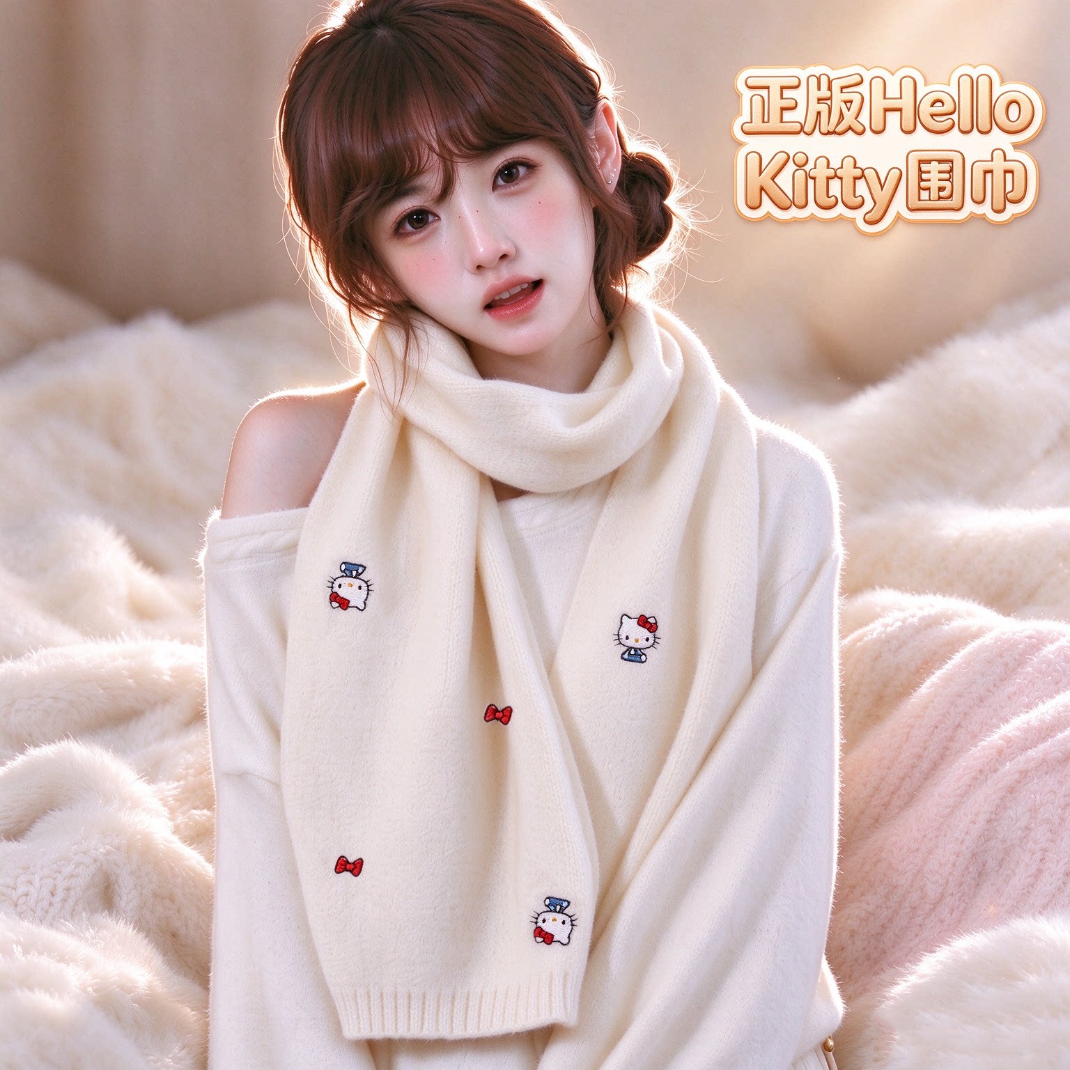 正版授权HelloKitty凯蒂猫围巾女冬季保暖卡通刺绣针织围脖软糯风