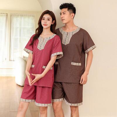 男大苎麻汗居家蒸服女码情家8315侣套装睡衣洗浴中心浴服居服夏季