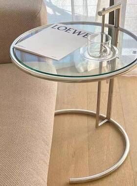 升降小茶几网ins锈钢古玻中璃边几北欧红简约现代圆桌沙不发TMCJ9