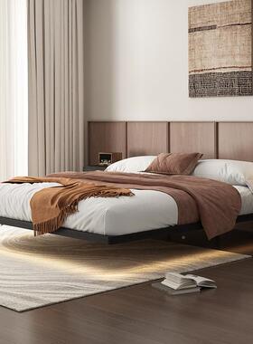 黑色极简齐边浮床无型床头实木床榫卯全木床悬主实卧TKJ室小户双