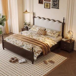 复古美中式实木床1.8双人床主卧室1.5带软米包网JXJ-F11#红古米风