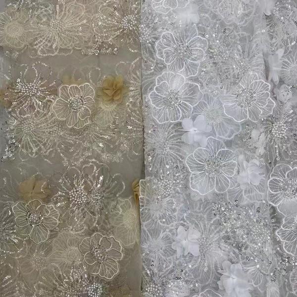 厂家直销礼服重工珠管网纱刺绣蕾丝花边面料立体海心棠泡珠绣