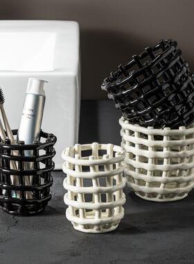 编织牙具陶瓷浴室牙筷子筒镂座具空台面陶瓷牙刷架筷LUG子筒收纳