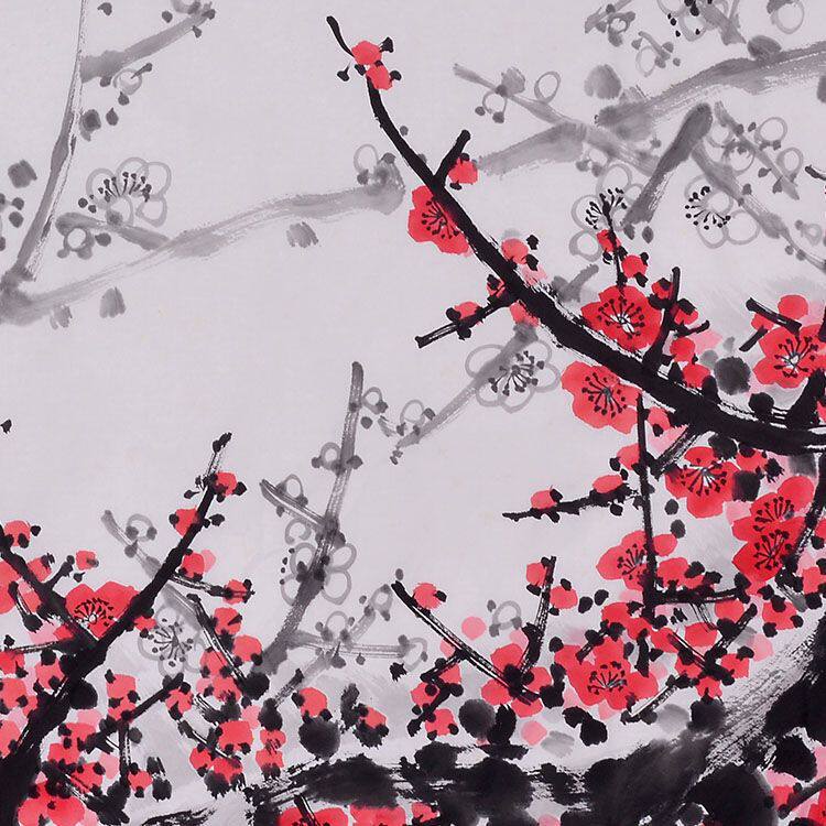 纯手绘关山月国画花鸟画横幅字画作品 红梅花画客厅挂画收藏