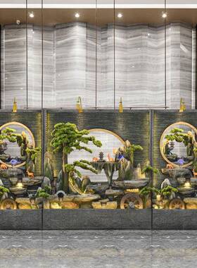 水幕墙流水墙风酒店客厅玄关隔屏断假庭院景装饰山AOS鱼池喷泉观