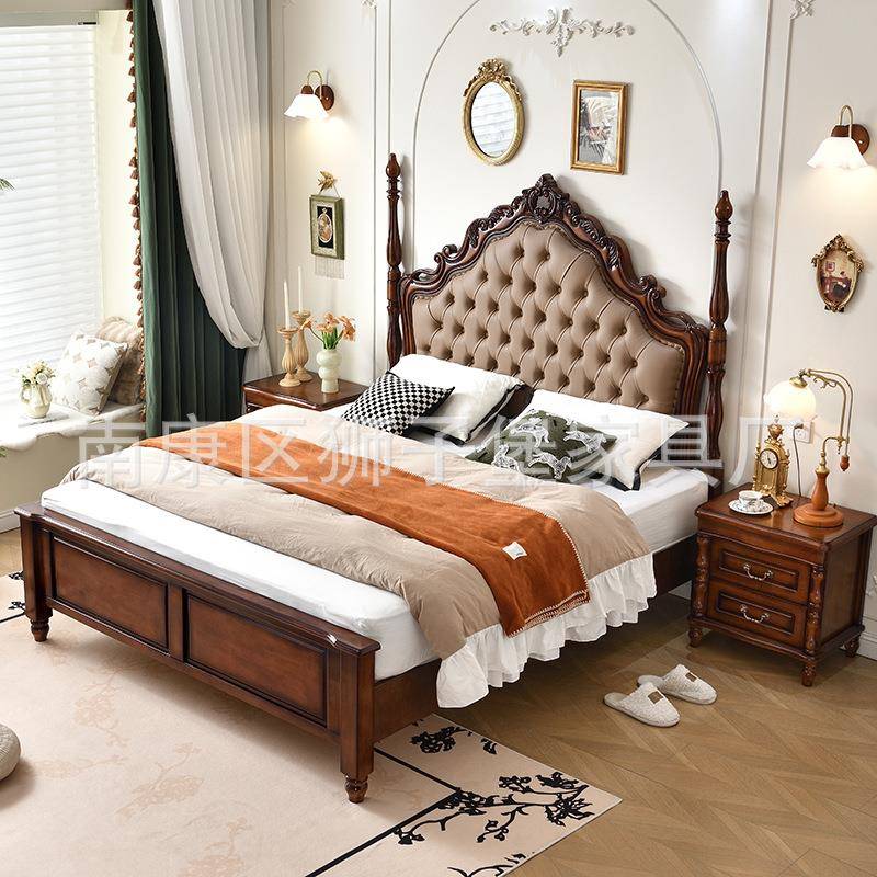 实木大床美式A03#1婚.8米双床皮质靠背人床式马罗柱储物箱框美式