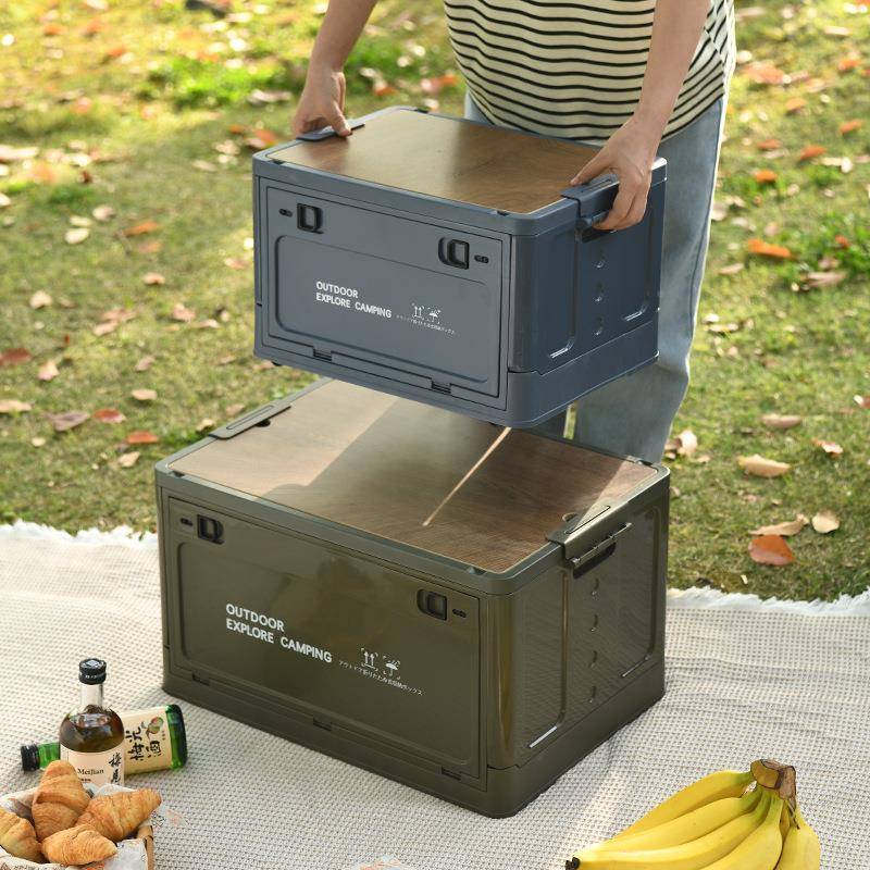 叠收纳箱木盖户外野餐折搬露营箱77周带轮储物箱后备箱整理箱转运