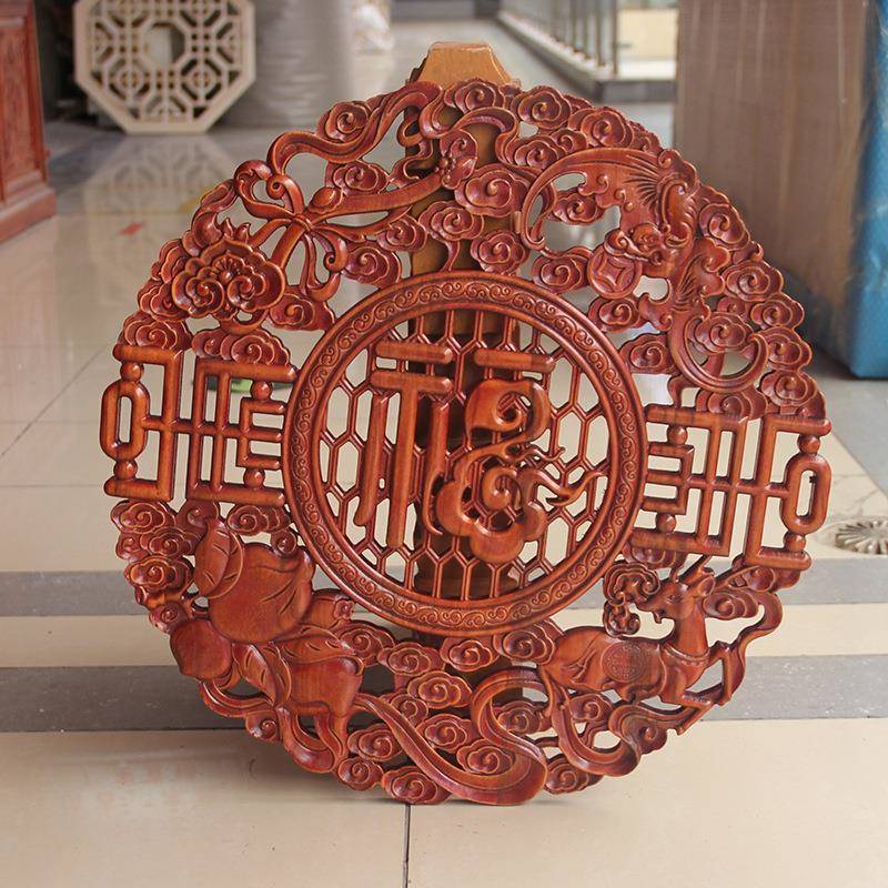 525QW东阳雕挂件香樟实木雕刻圆形家福字壁饰木客厅饰玄关背景墙