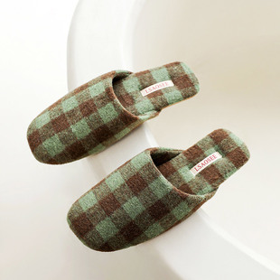 秋冬季新款简约棋盘格绒面情侣棉拖鞋女保暖室内防滑轻声牛筋底男