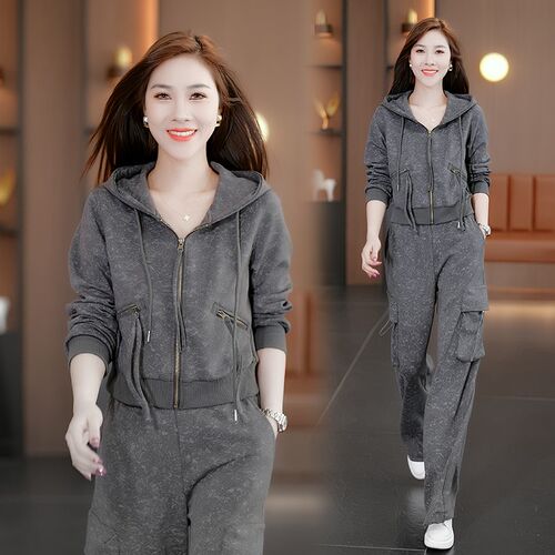 宽松休闲卫衣外套工装阔腿裤两件套女秋季新款洋气运动服时尚套装