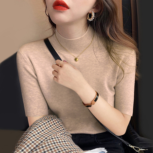 小衫 欧货软糯针织衫 打底大码 半高领五分中袖 百搭女上衣潮 春秋冬季