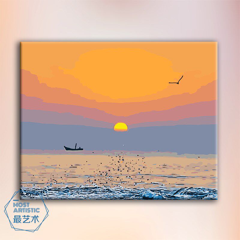 diy数字油画风景日出现代手工绘丙烯填色减压客厅油彩装饰画 灯塔