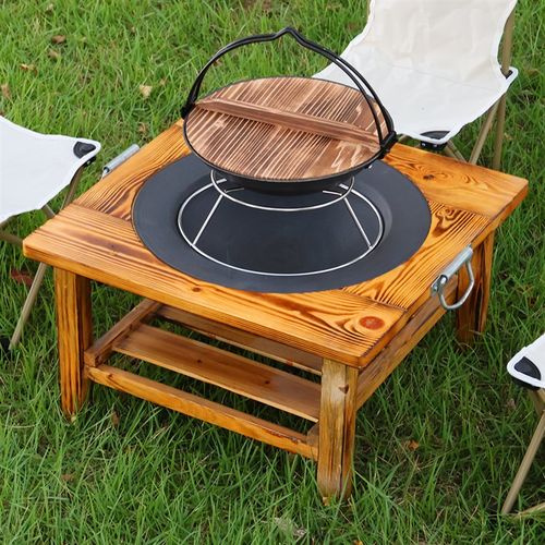 围炉煮茶实木桌铸铁烤火盆炭火盆取暖烤火炉家用碳盆烧烤架碳盆子