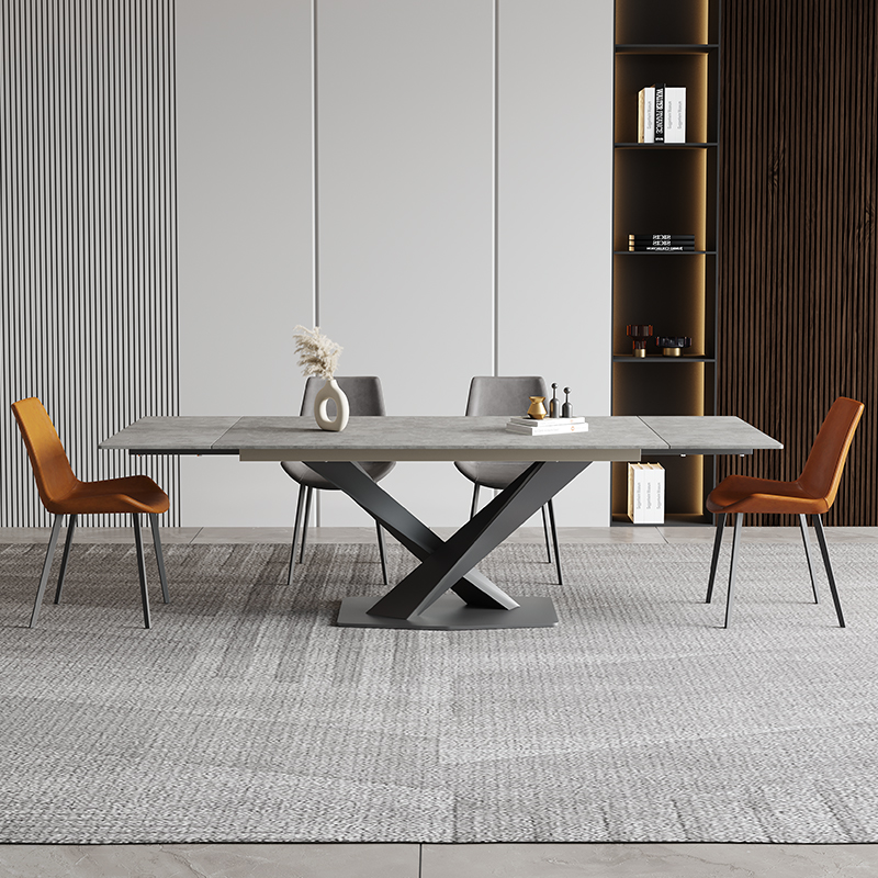 意式可伸缩岩板餐桌椅极简家用现代简约小户型吃饭桌子长方形