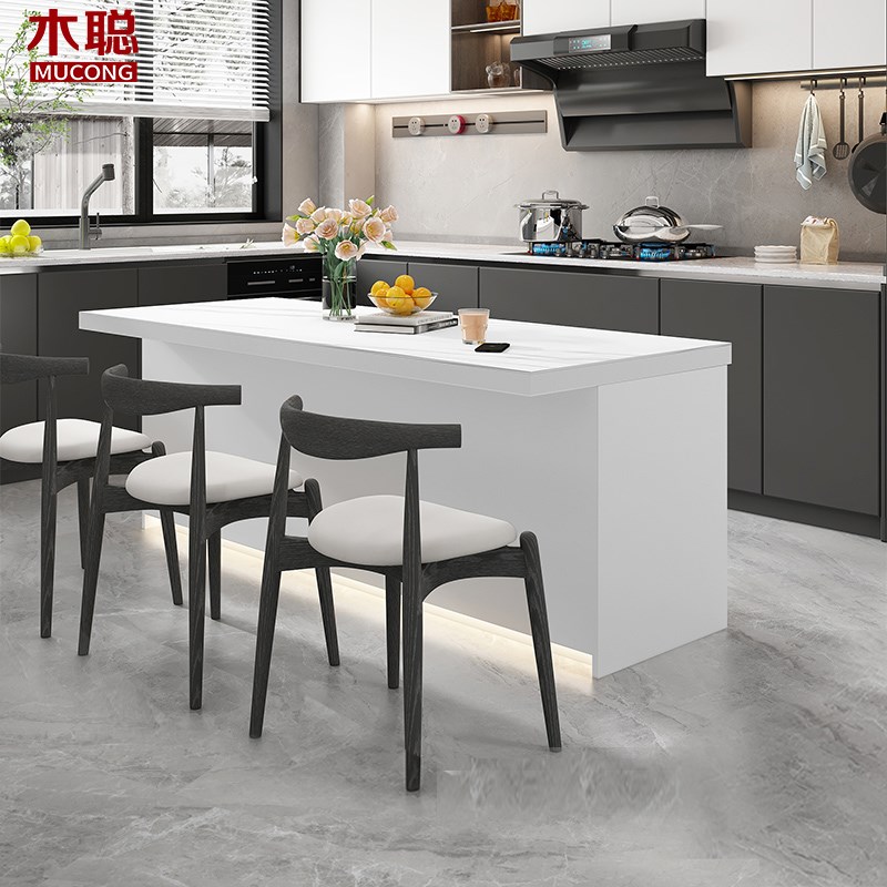 奶油风岩板餐桌岛台一体开放式吧台长方形家用料理台小户型8E