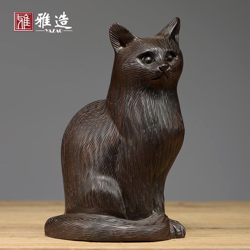 黑檀木雕猫摆件吉祥动物可爱小猫雕刻工艺品家居客厅装饰摆设礼品