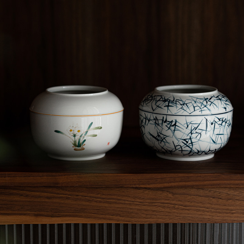 草木祠 白瓷手绘竹影建水 带盖 陶瓷茶渣缸废茶水桶 茶洗茶道配件