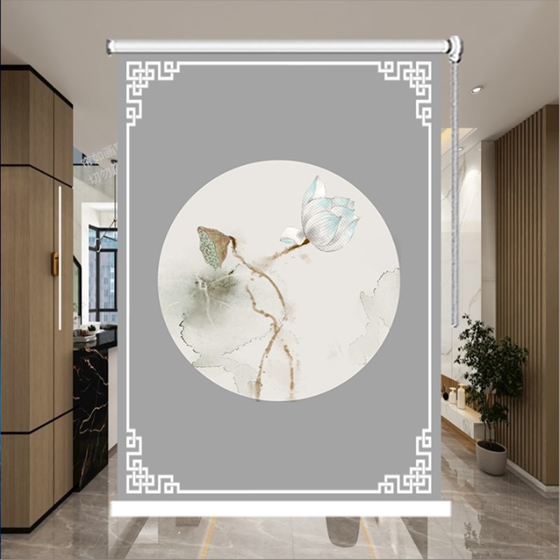 定现代中式水墨山水画复古客厅书房免打孔拉珠升降免打孔卷帘窗帘