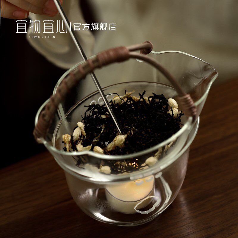 宜物宜心手工提梁壶玻璃温茶炉烤茶煮茶公道杯蜡烛加热底座温茶器