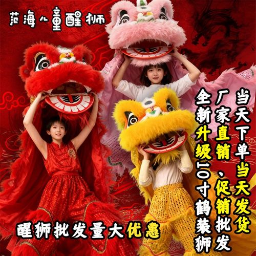 儿童舞狮10寸羊毛狮头学生表演道具狮子头套装醒狮
