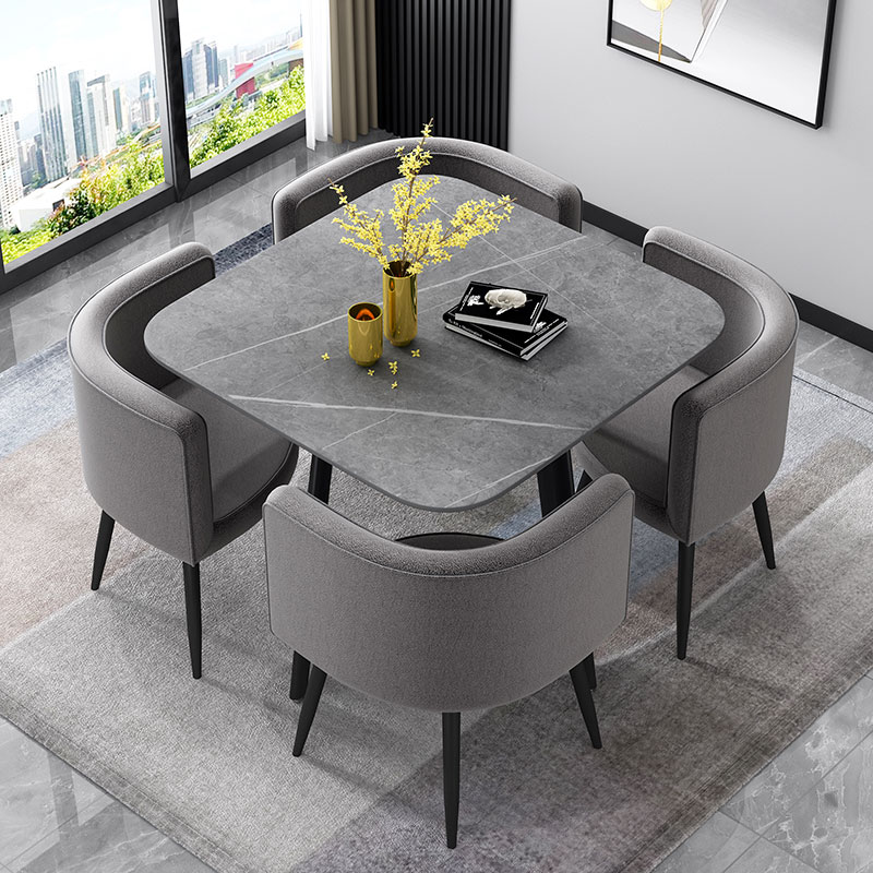 高级灰岩板餐桌接待洽谈桌椅组合简约办公店铺会议桌小圆桌家用
