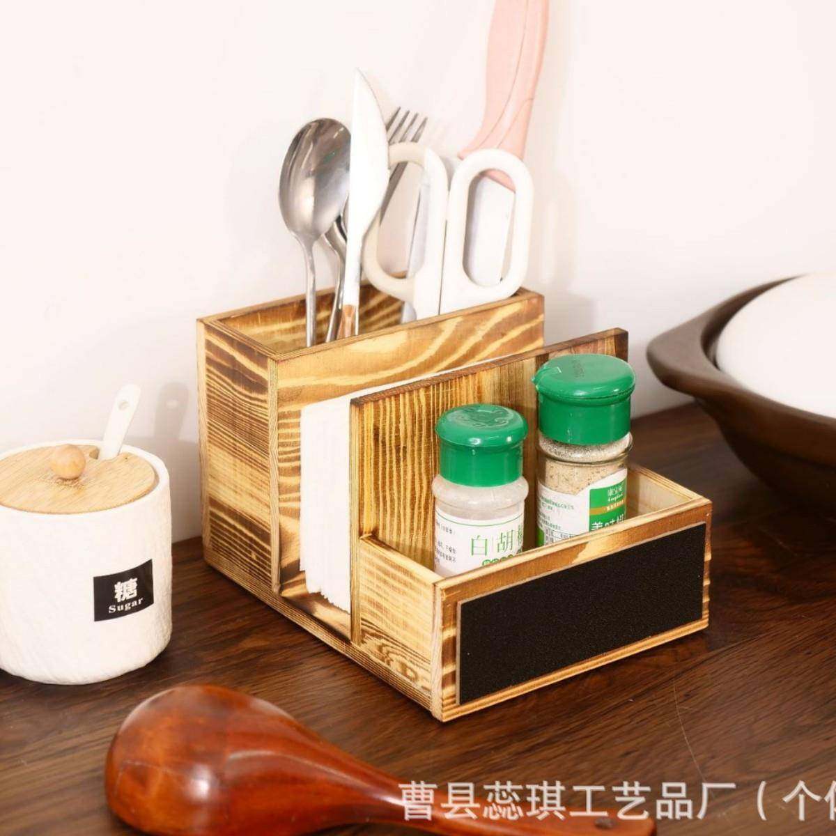 房桌面复古木质纸巾板架刀餐厅木制叉纸巾架收纳盒带可擦黑实木调