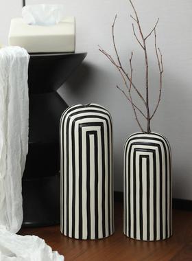 创术意中古间黑白条纹陶瓷花ODJ瓶客厅插花样板约艺软装简饰品摆