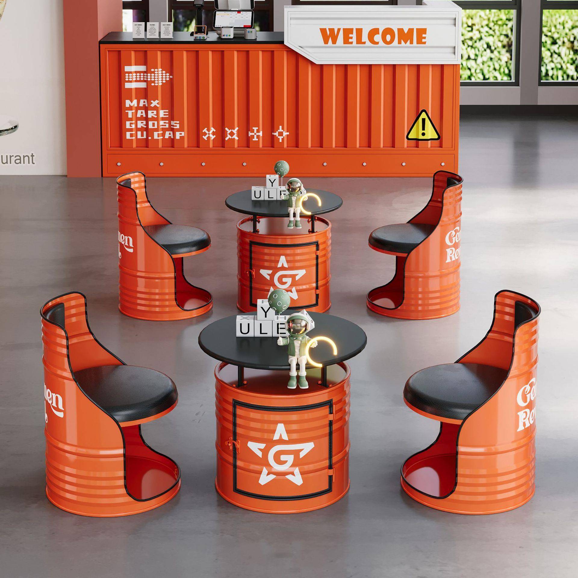 创组意艺个性工业风铁油08桶桌机车俱乐部酒吧洽谈卡椅座沙发合新